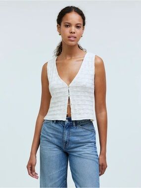 Madewell White Textured V-Neck Button Front Tank